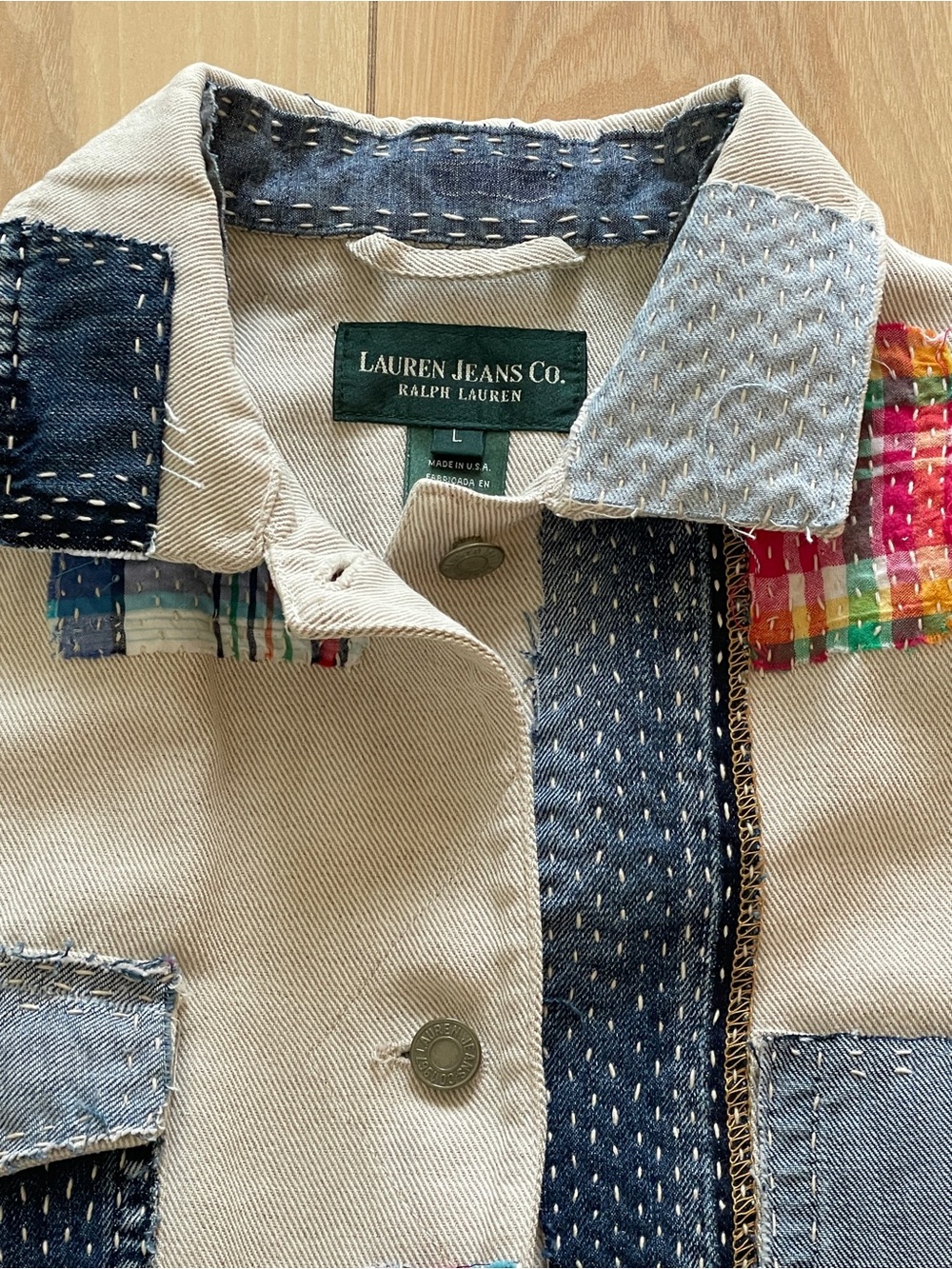 Ralph Lauren Cream Cotton Patchwork Jean Jacket with Blue and Multicolor Accents - Picture 3 of 3